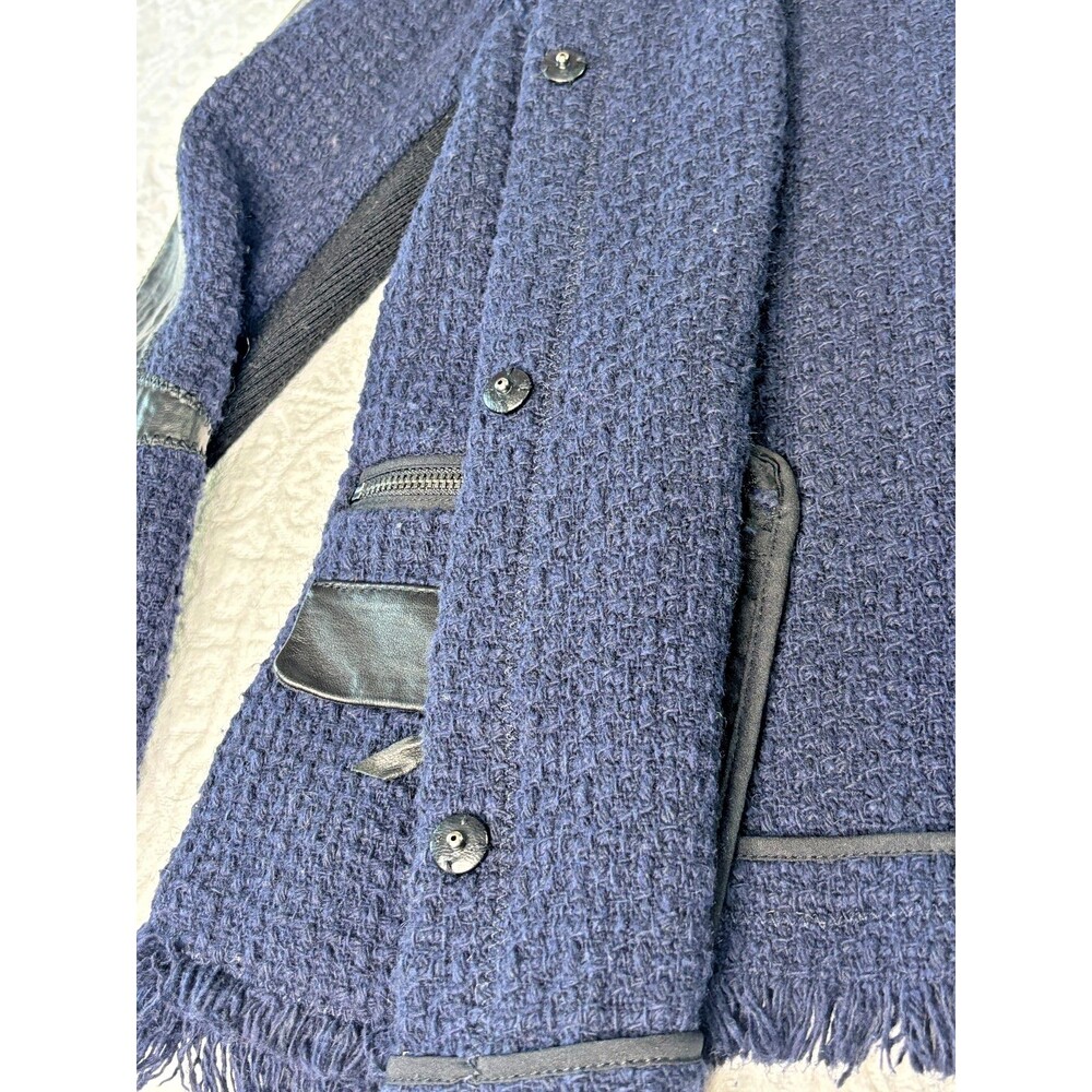 REBECCA TAYLOR Boucle Fringe Blazer SIZE 4 Navy Blue Black Leather Trim Coat EUC - Picture 10 of 16